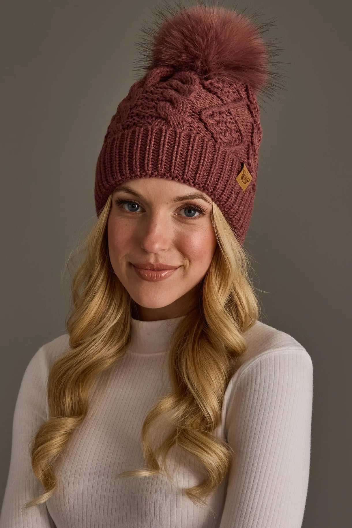 Cable Knit Faux Fur Pom Hat | Dark Pink - Juli's Wearable Art
