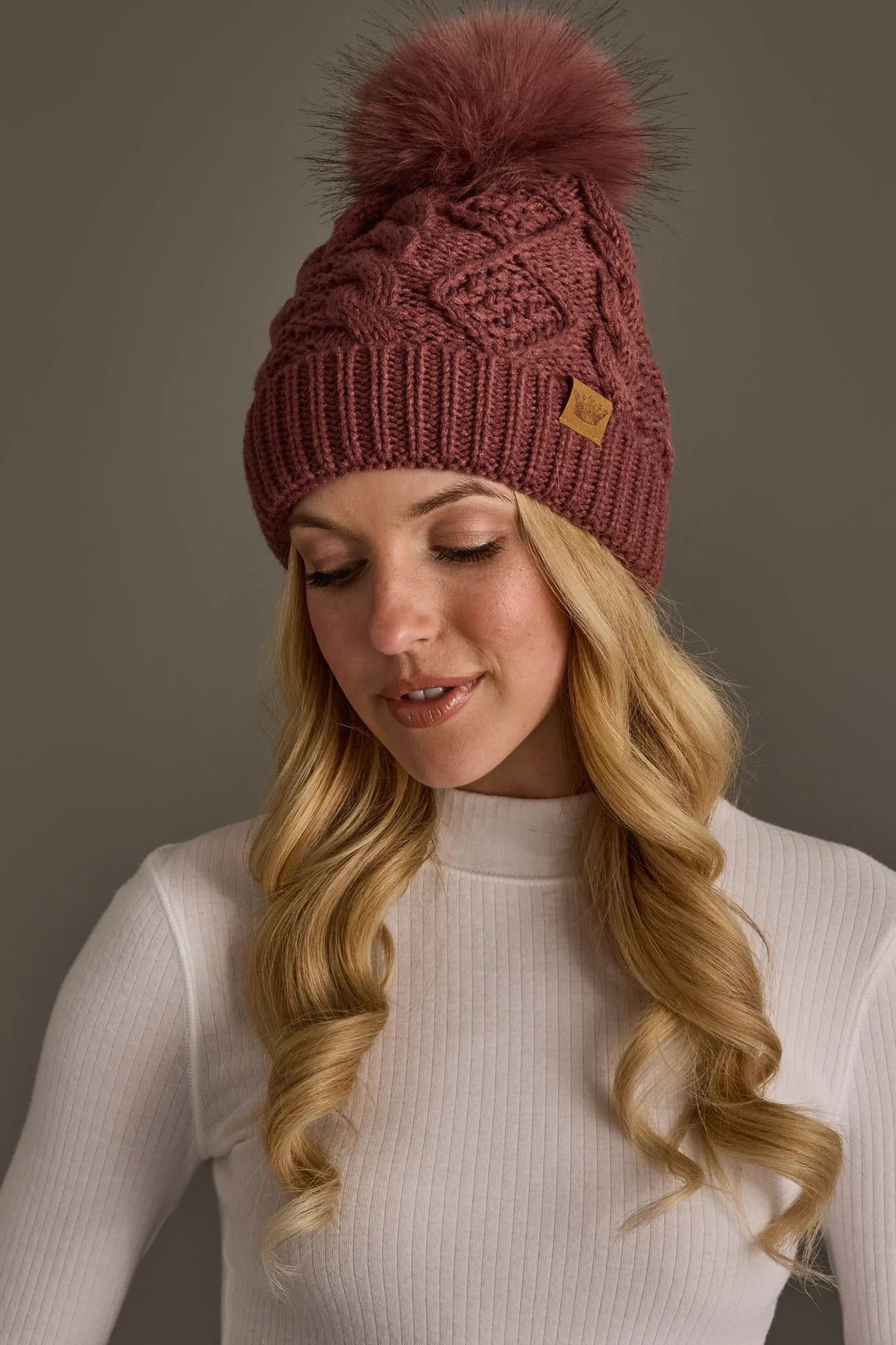 Cable Knit Faux Fur Pom Hat | Dark Pink - Juli's Wearable Art