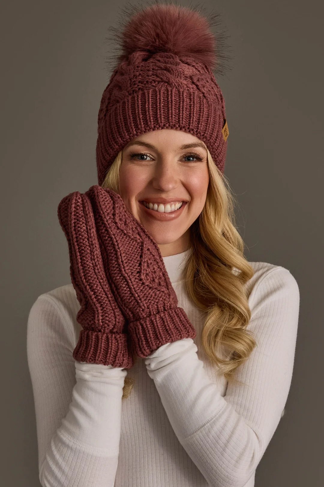 Cable Knit Faux Fur Pom Hat | Dark Pink - Juli's Wearable Art