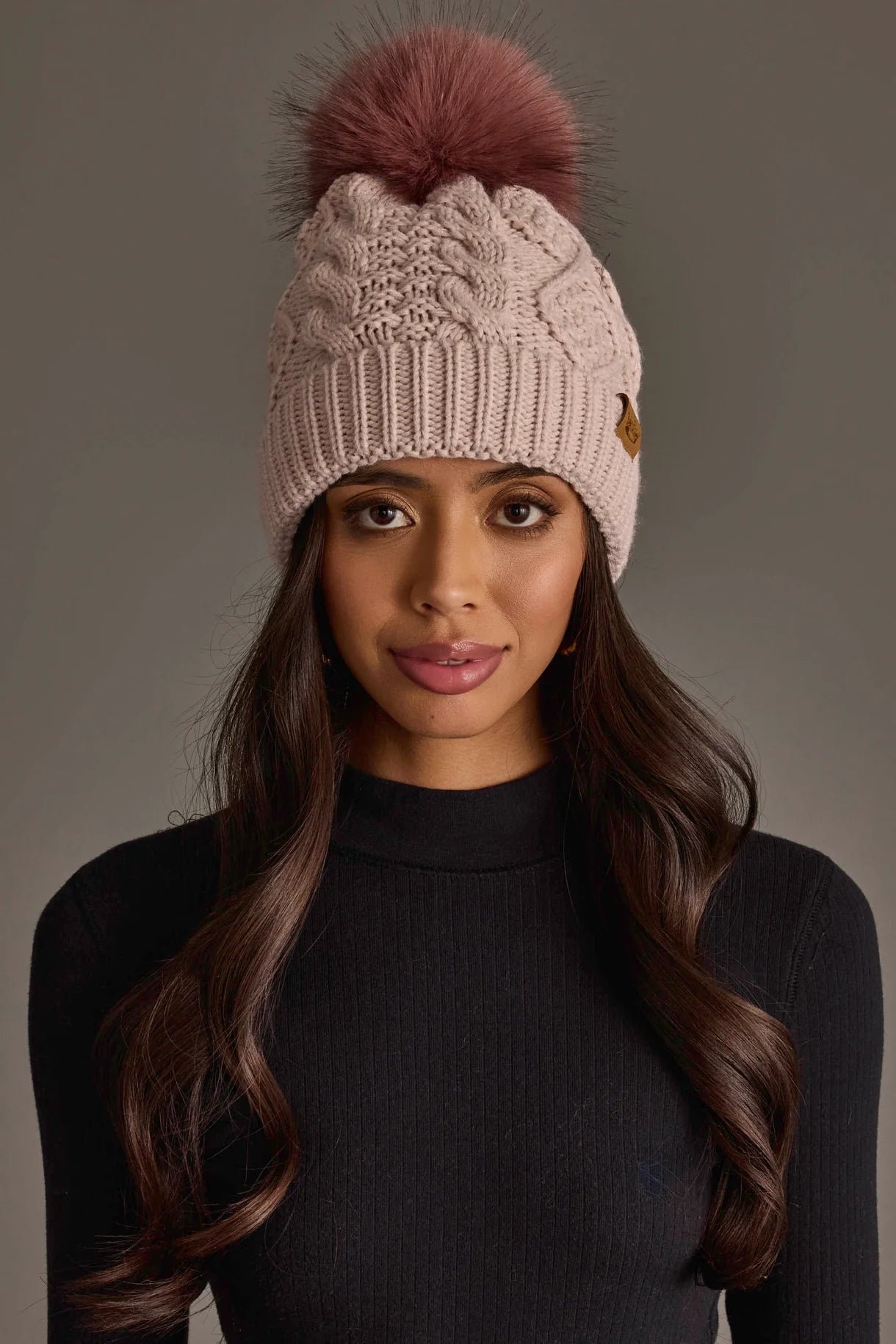 Cable Knit Faux Fur Pom Hat | Light Pink - Juli's Wearable Art