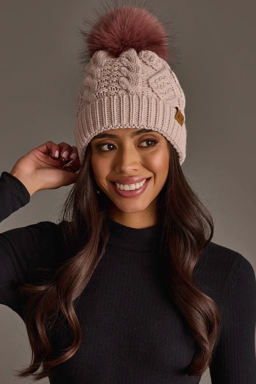 Cable Knit Faux Fur Pom Hat | Light Pink - Juli's Wearable Art