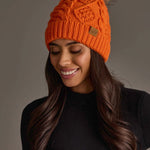 Cable Knit Faux Fur Pom Hat | Orange - Juli's Wearable Art
