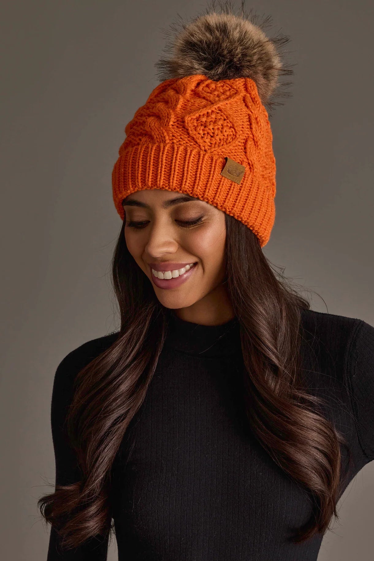 Cable Knit Faux Fur Pom Hat | Orange - Juli's Wearable Art