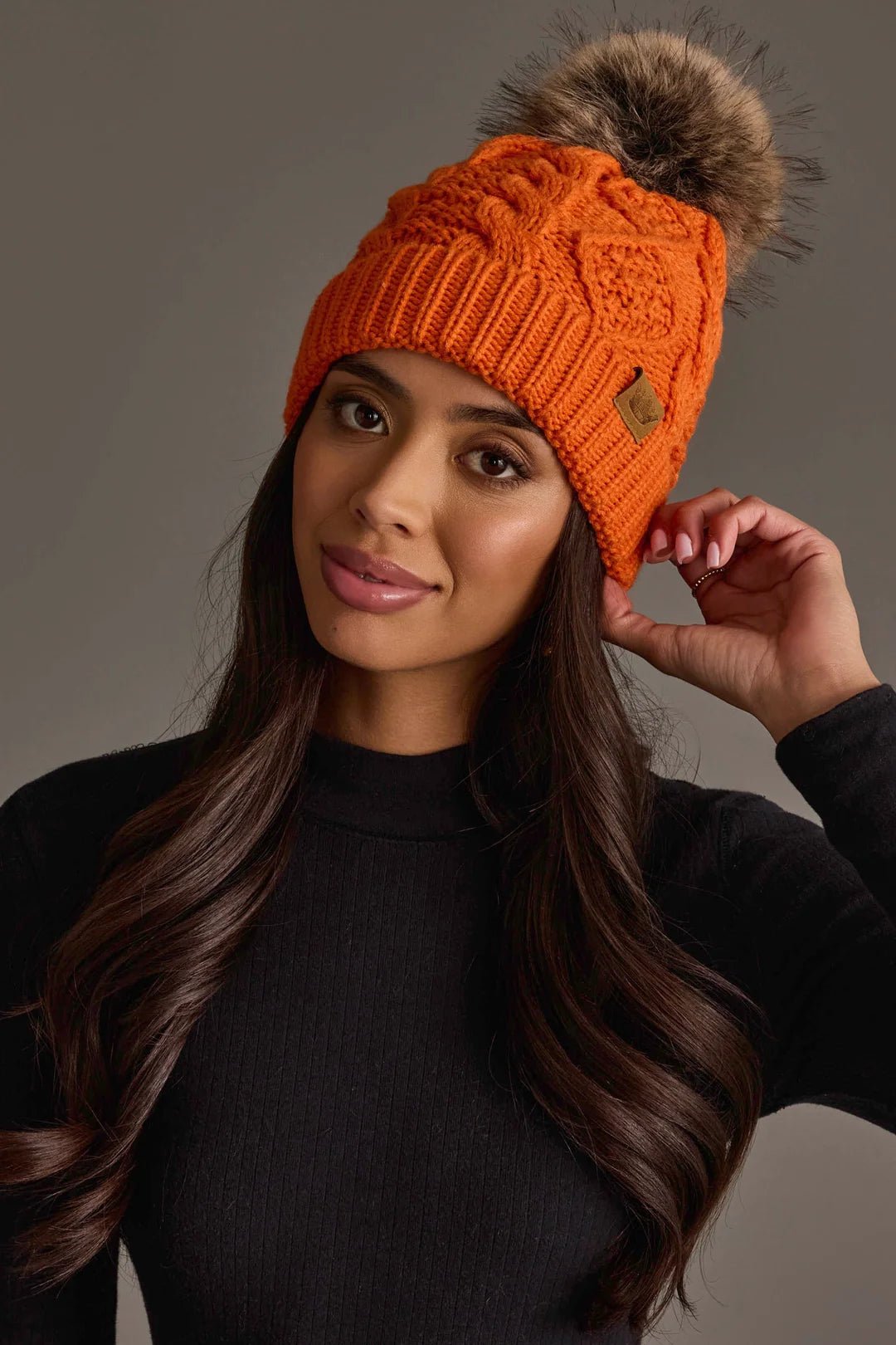 Cable Knit Faux Fur Pom Hat | Orange - Juli's Wearable Art