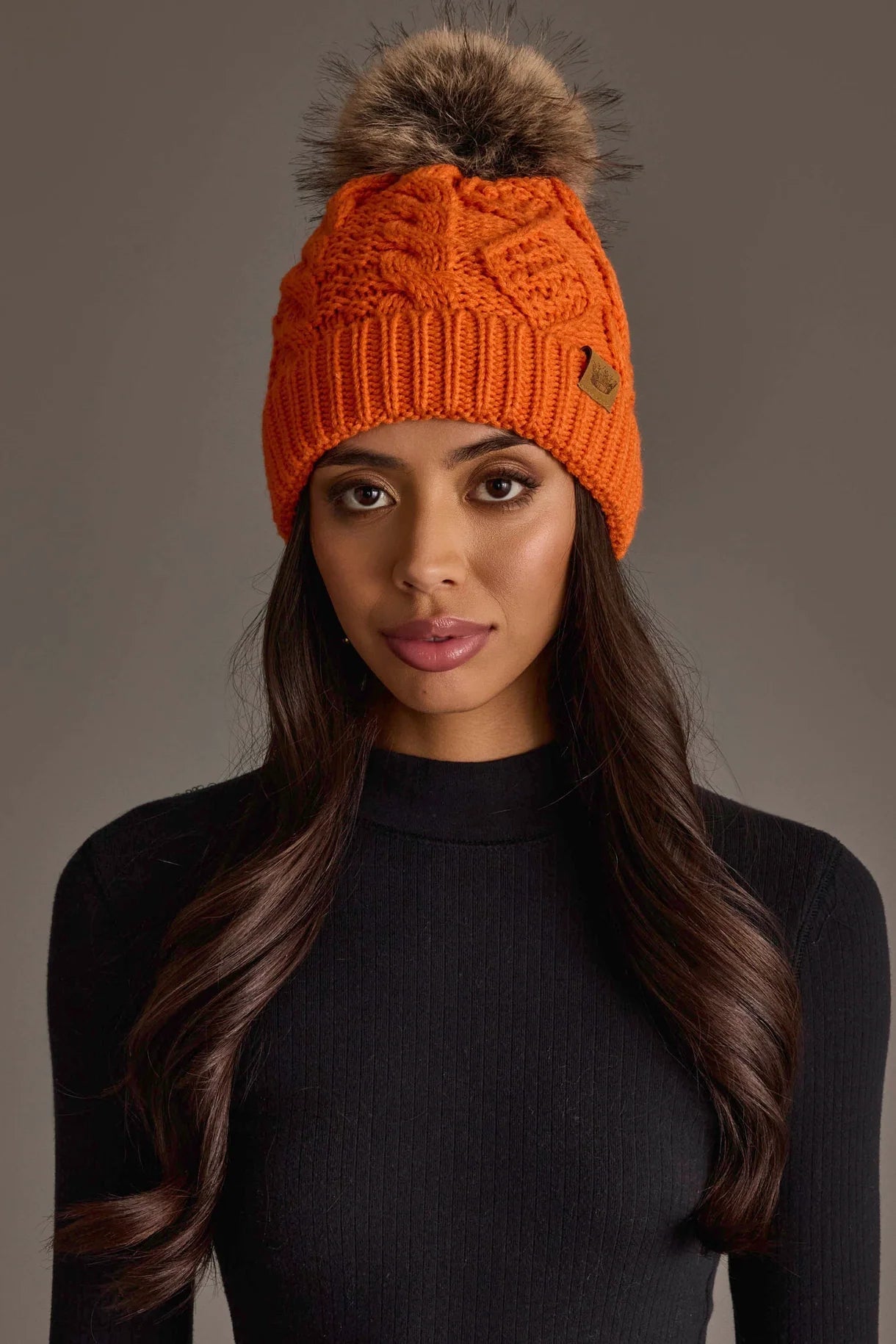 Cable Knit Faux Fur Pom Hat | Orange - Juli's Wearable Art