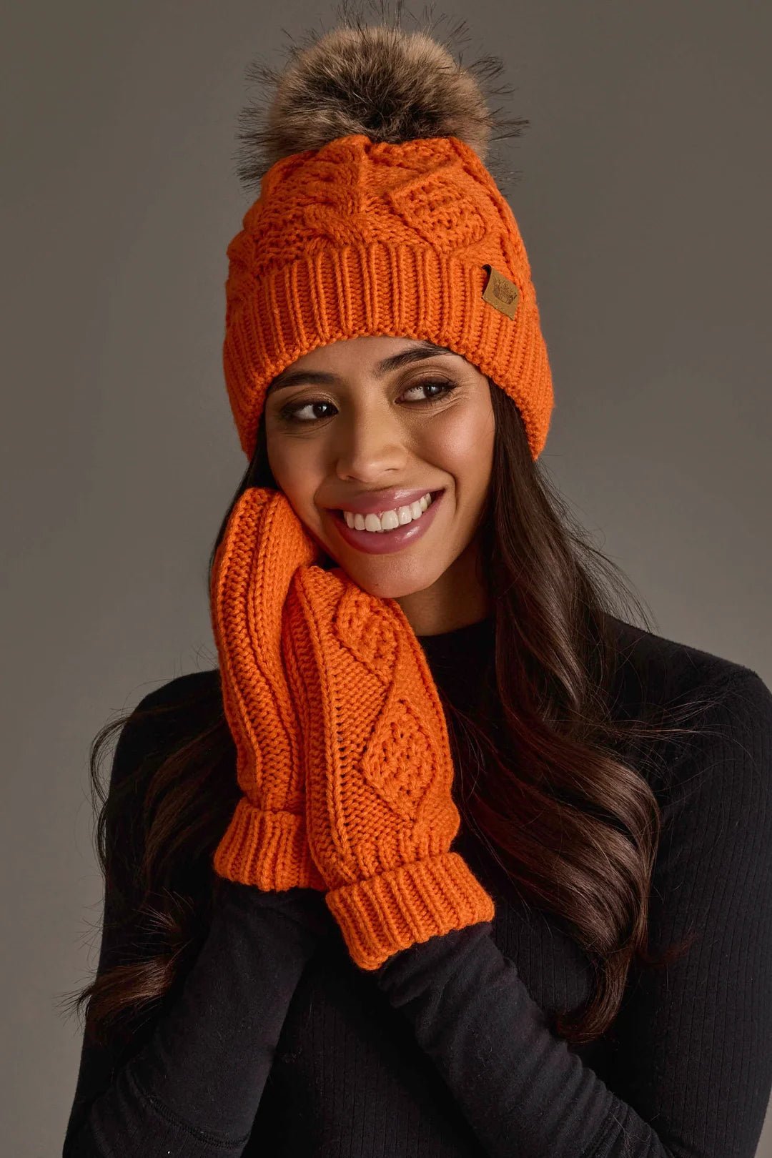 Cable Knit Faux Fur Pom Hat | Orange - Juli's Wearable Art