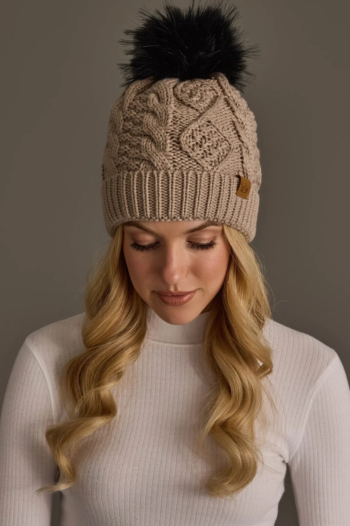 Cable Knit Faux Fur Pom Hat | Warm Taupe - Juli's Wearable Art