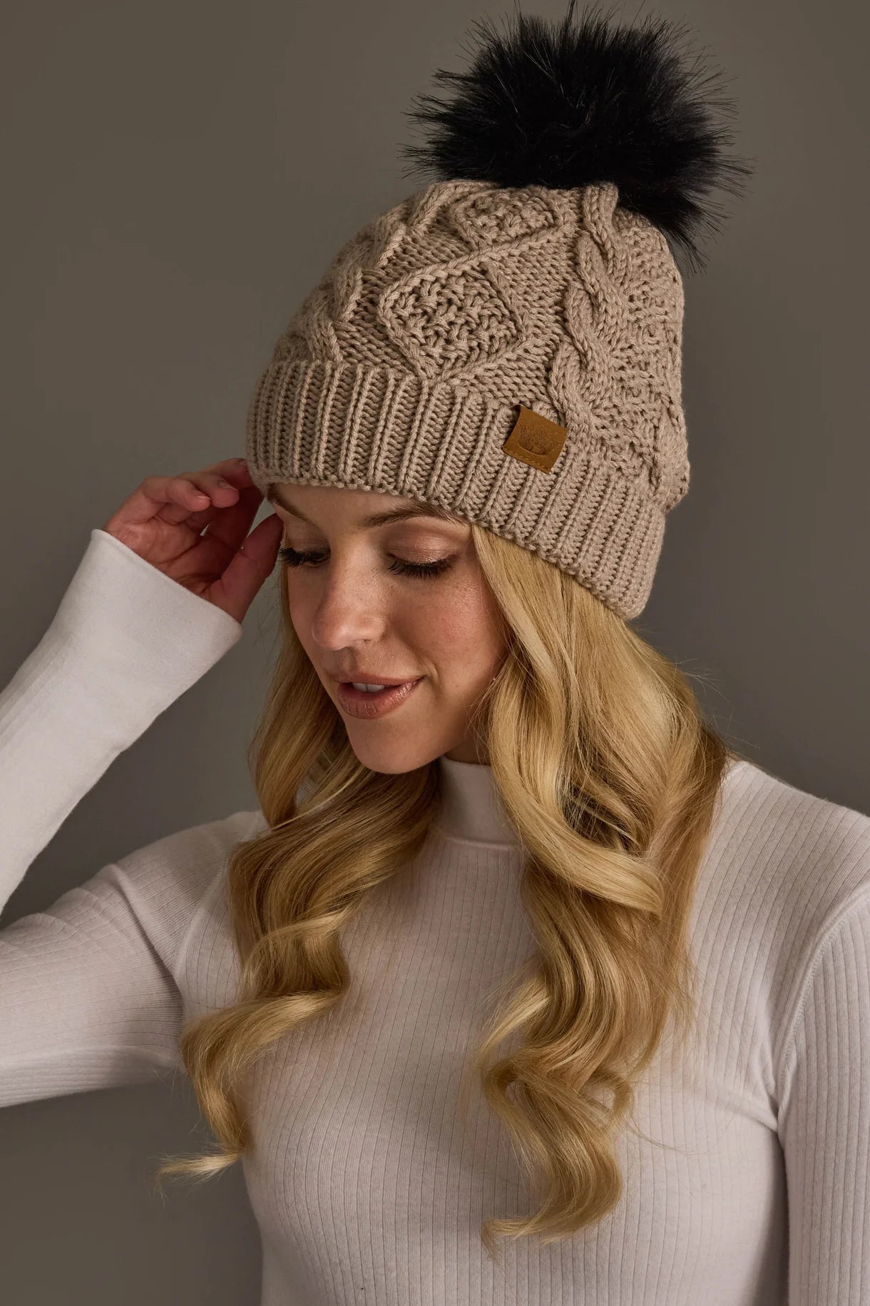 Cable Knit Faux Fur Pom Hat | Warm Taupe - Juli's Wearable Art