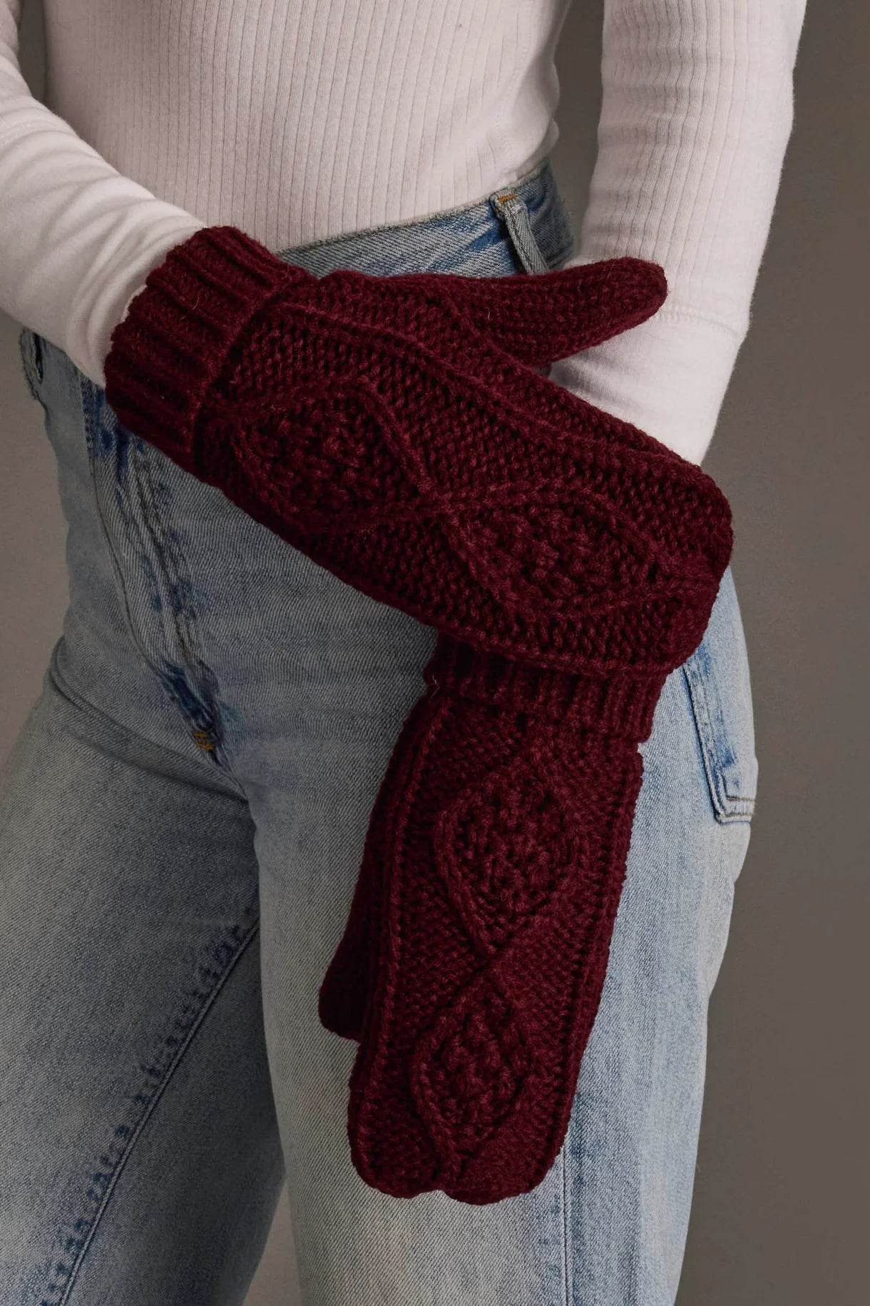 Cable Knit Fleece Lined Mittens | Burgundy - Juli's Wearable Art