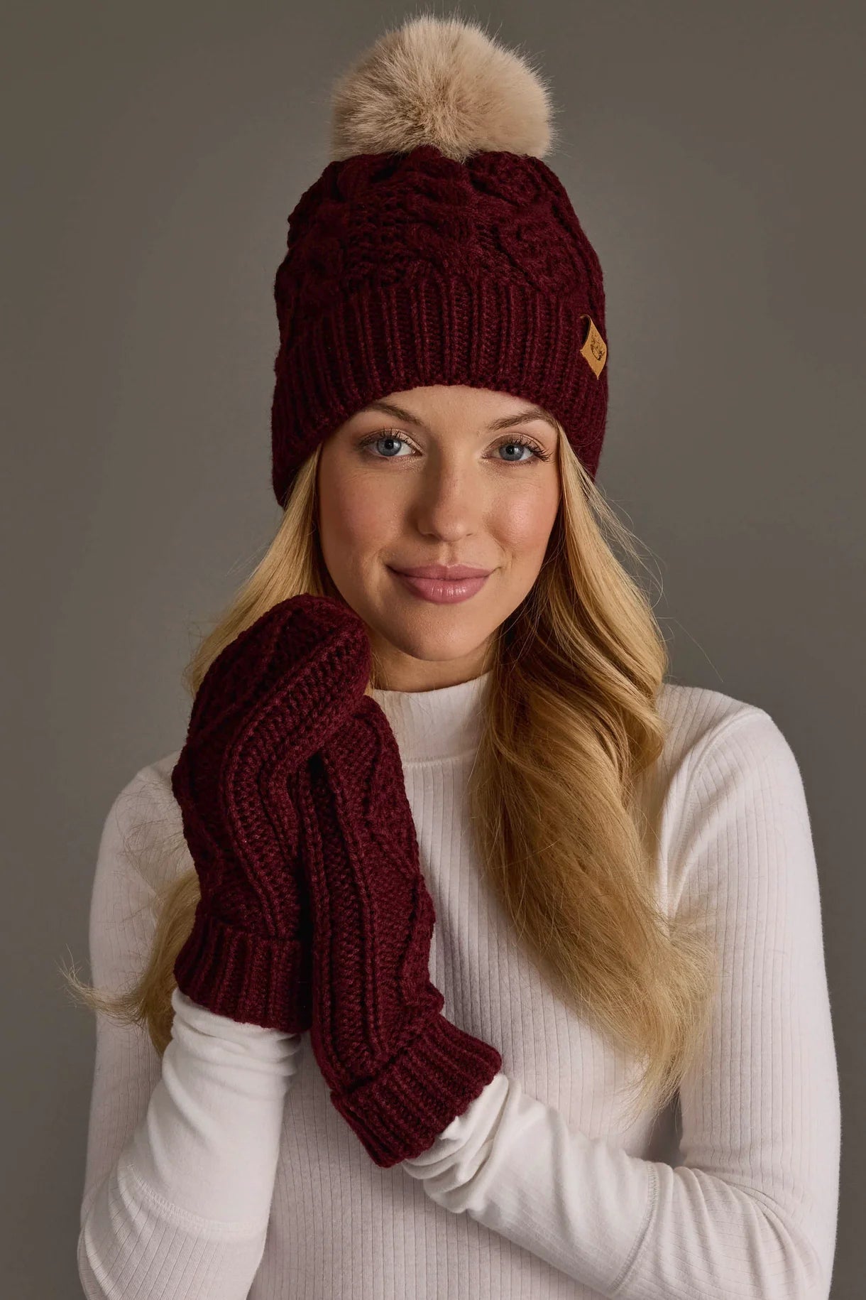 Cable Knit Fleece Lined Mittens | Burgundy - Juli's Wearable Art