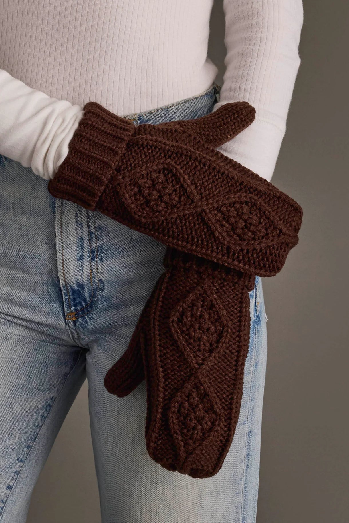 Cable Knit Fleece Lined Mittens | Dark Brown - Juli's Wearable Art