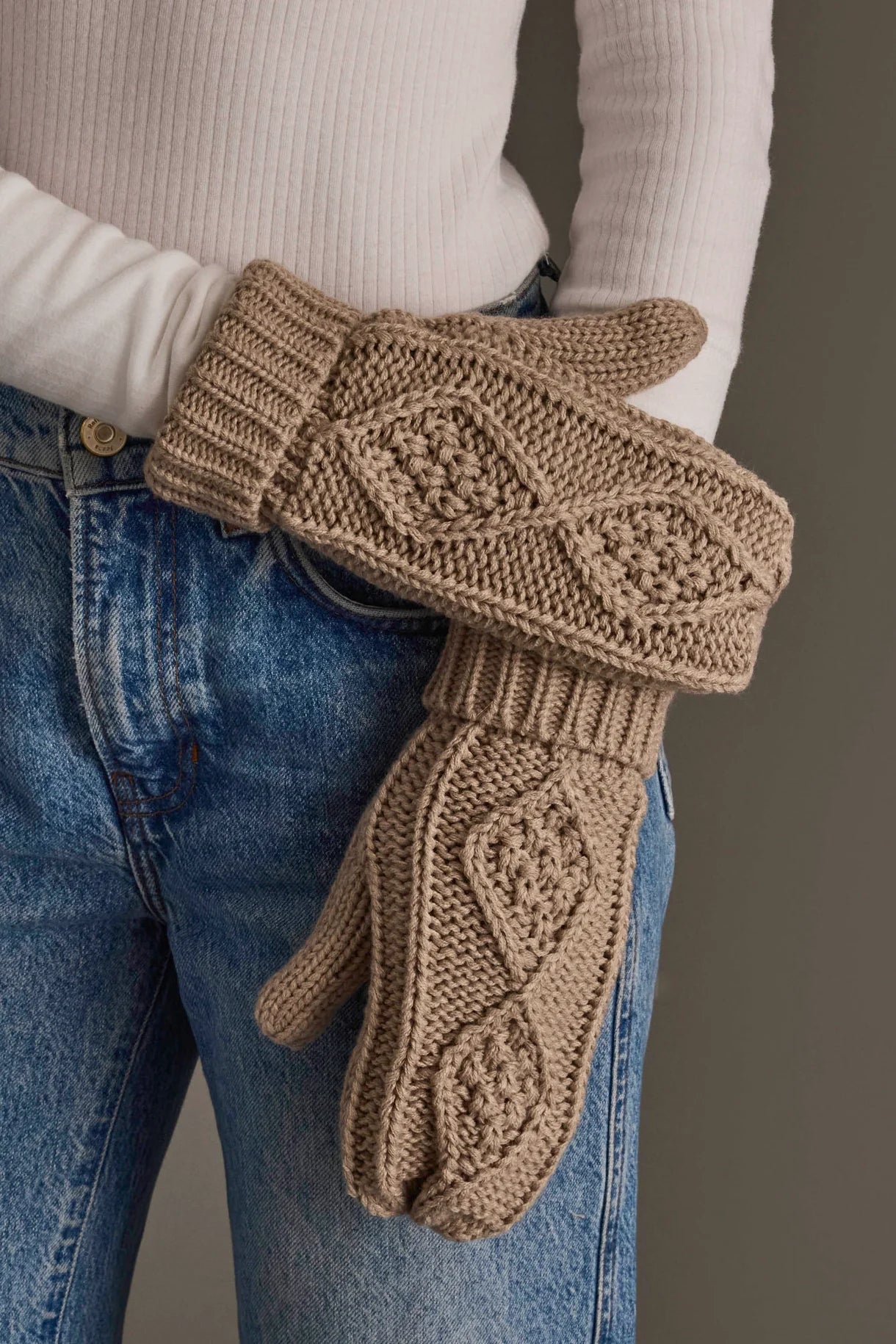 Cable Knit Fleece Lined Mittens | Warm Taupe - Juli's Wearable Art