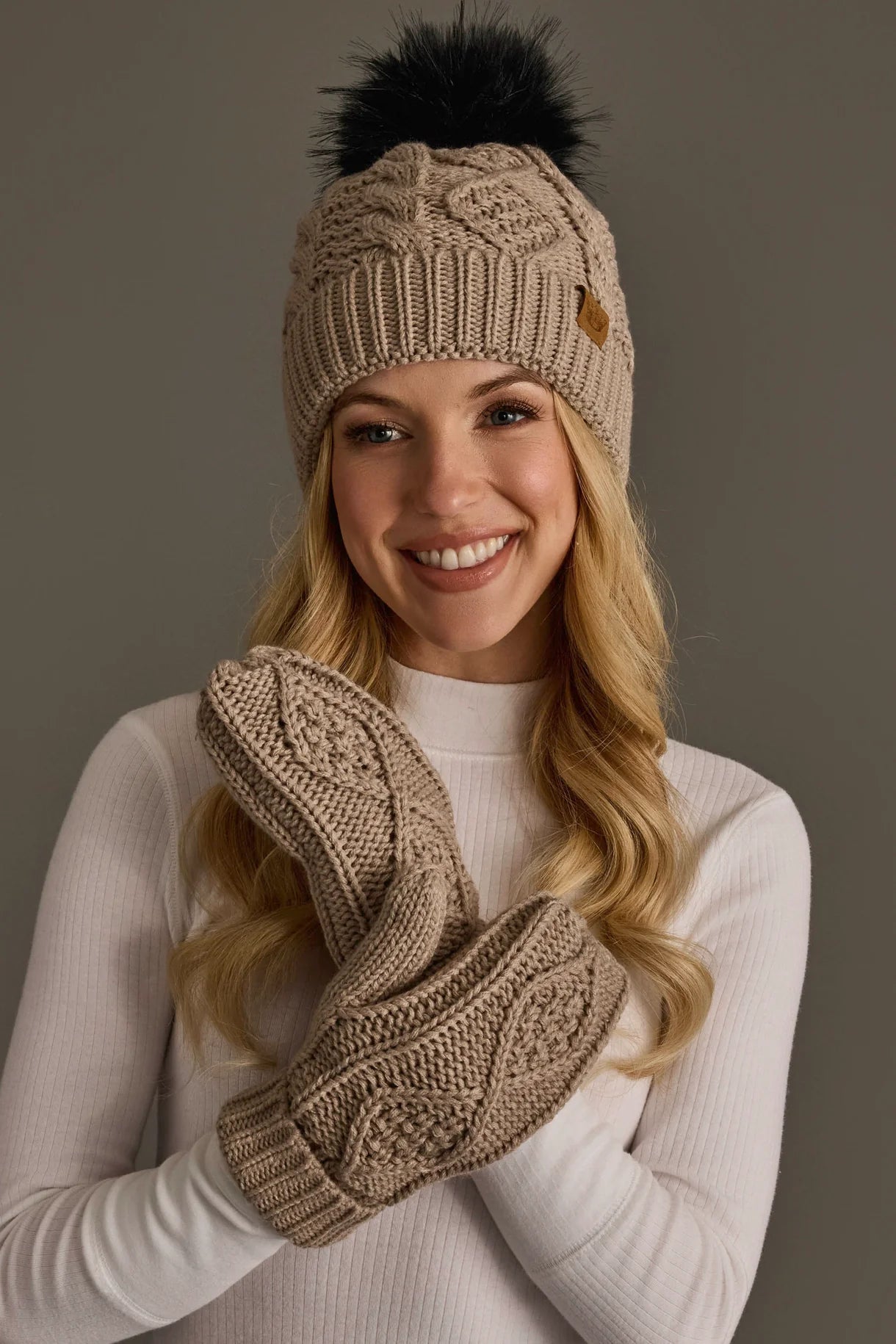 Cable Knit Fleece Lined Mittens | Warm Taupe - Juli's Wearable Art