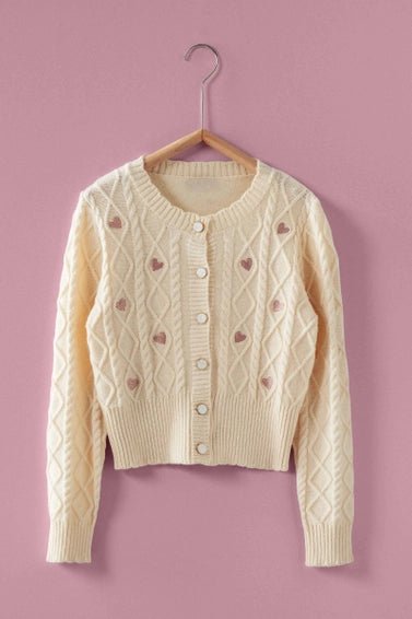 Cable Knit Heart Embroidered Cardigan – Ivory - Juli's Wearable Art