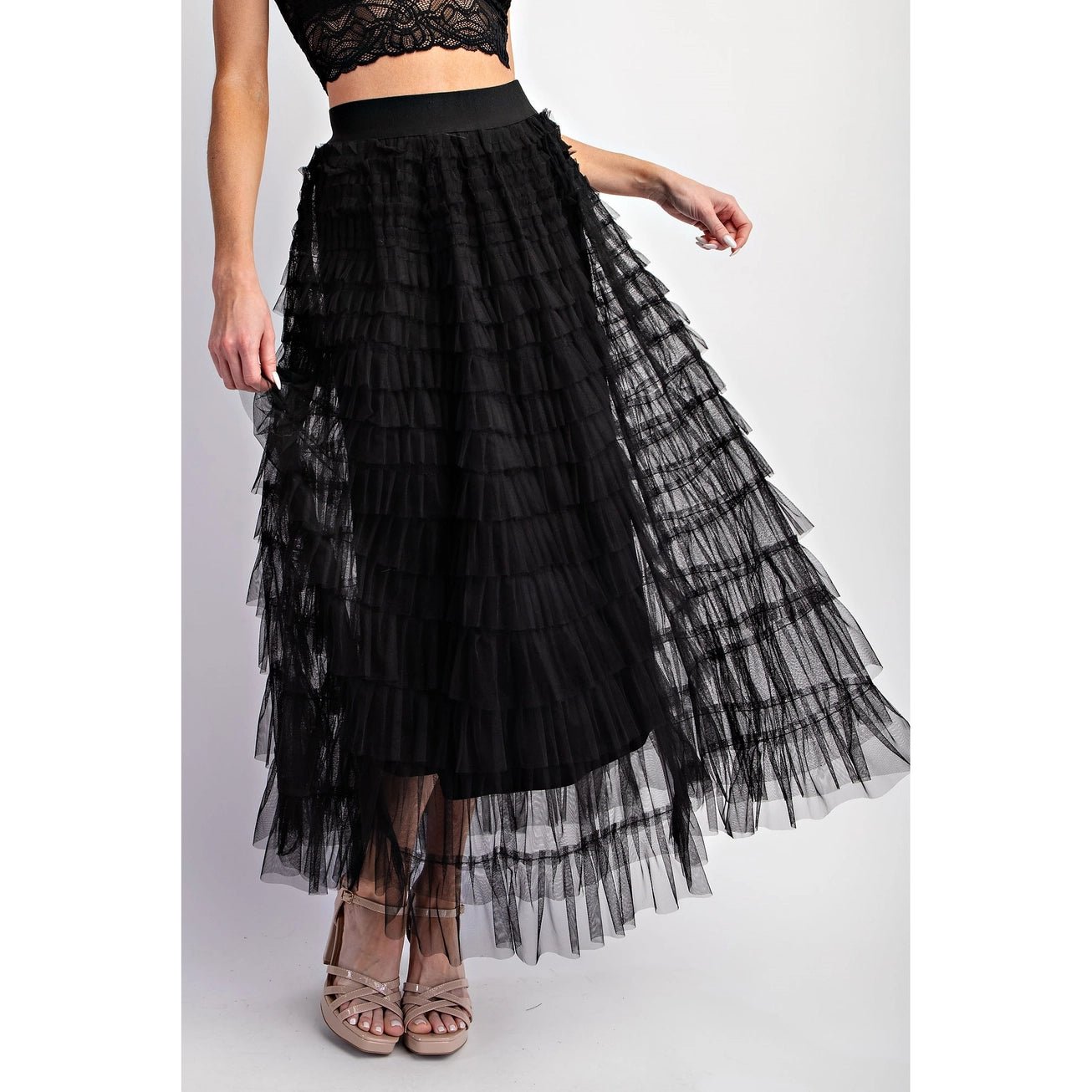 Cascading Tulle Mesh Black Tiered Maxi Skirt - Juli's Wearable Art