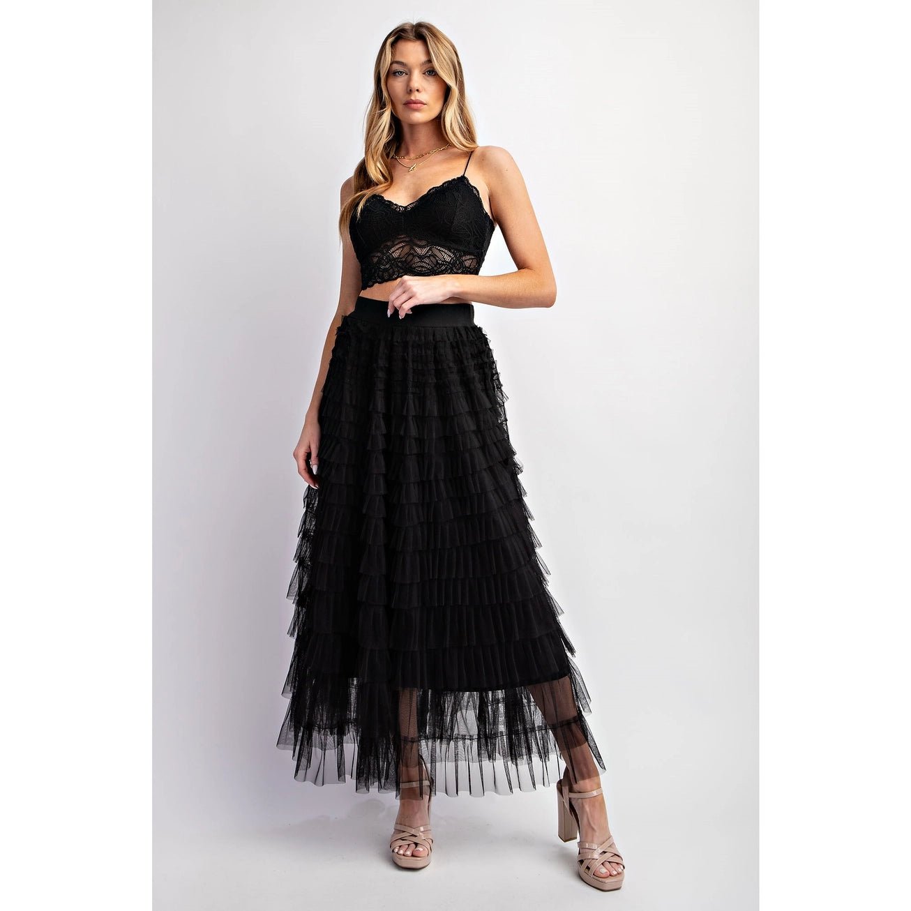 Cascading Tulle Mesh Black Tiered Maxi Skirt - Juli's Wearable Art