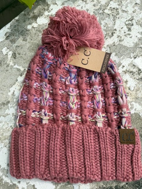 Chain Link Knitted Pom Beanie – Mauve/Multi - Juli's Wearable Art