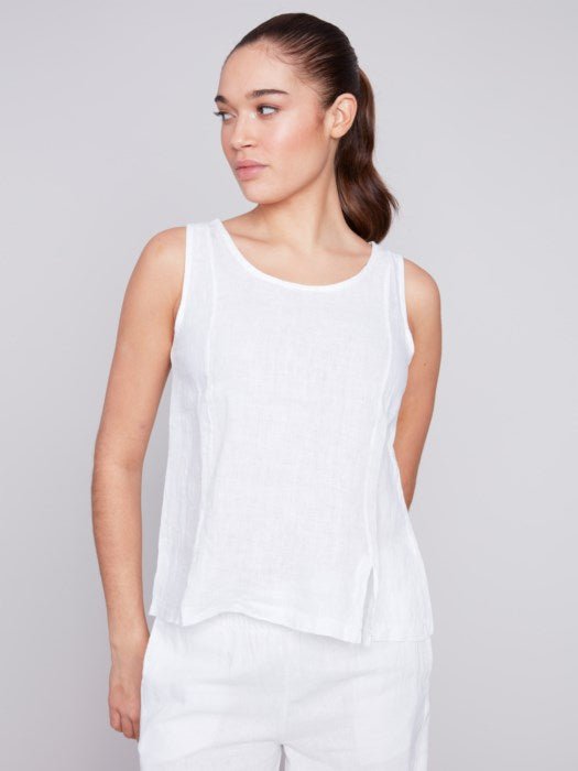 Charlie B Sleeveless Linen top with princess seams & slit
