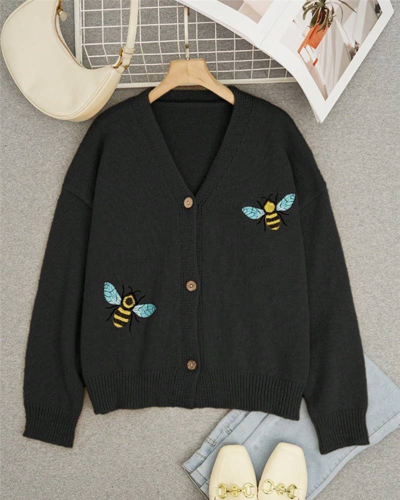 Chic V - Neck Bee Pattern Knitted Cardigan Sweater - Juli's Wearable Art