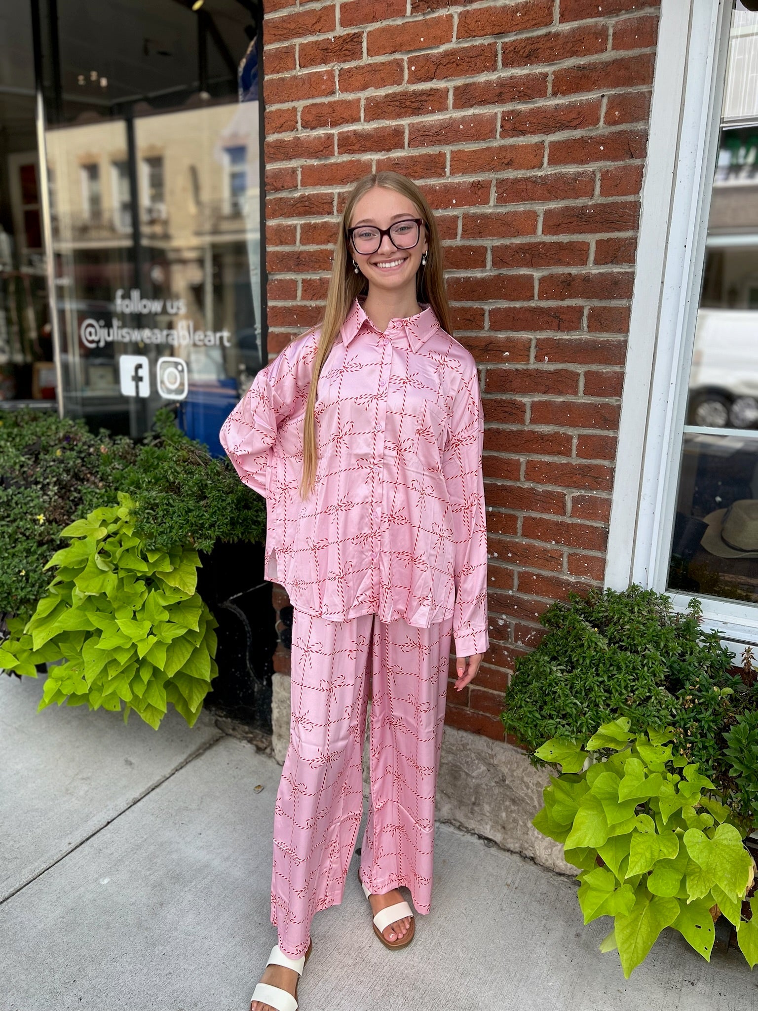 Christmas Bow Printed Satin - Like Pajama Set - Juli's Wearable Art