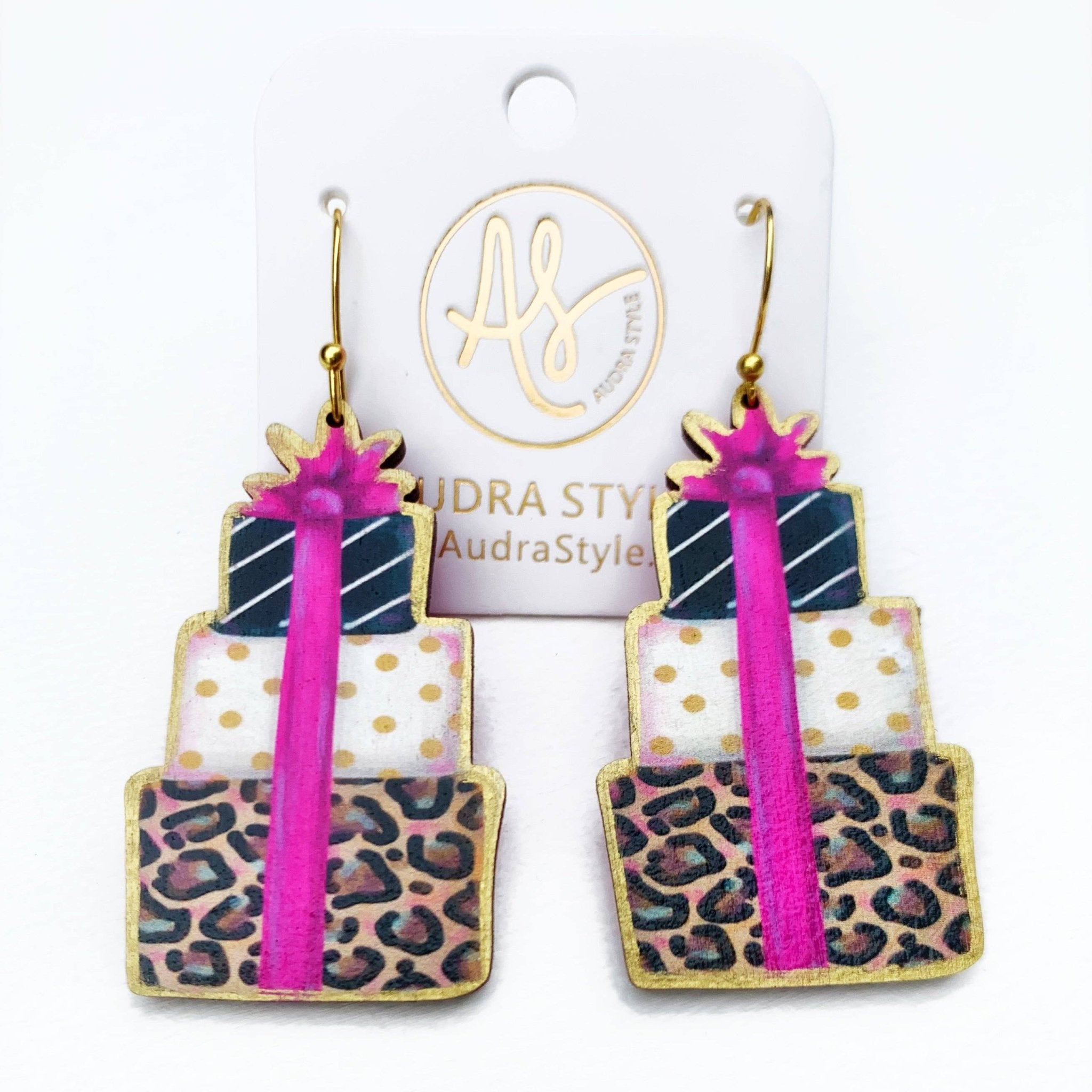 Christmas Earring – Black Gold Animal Print Gifts with Pink Bow - Juli's Wearable Art
