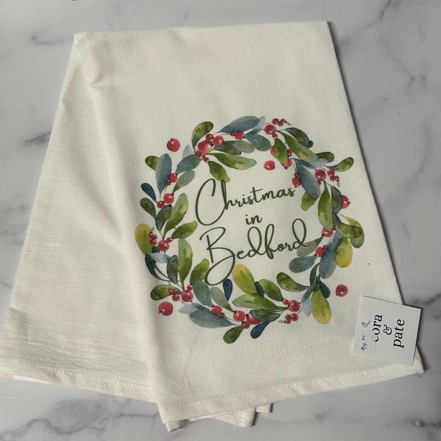 Christmas in Bedford Holly Berry Wreath Tea Towel - Juli's Wearable Art
