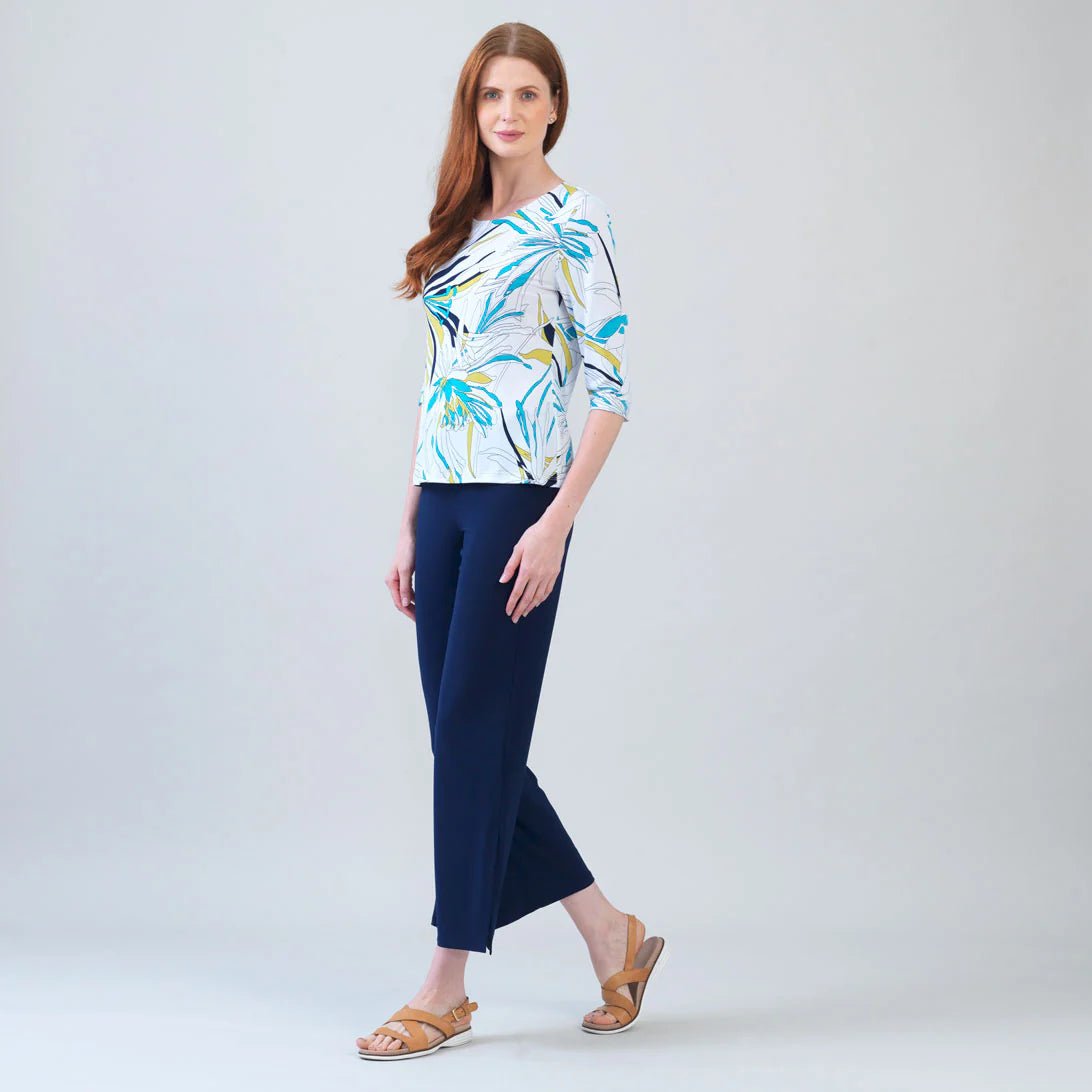 Clara Scoop Neck Half Sleeve Top  | Floral Leaves White