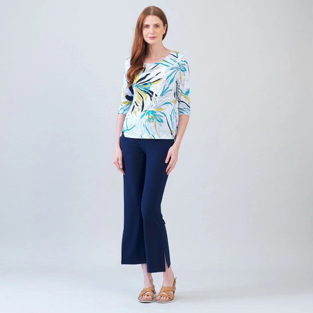 Clara Scoop Neck Half Sleeve Top  | Floral Leaves White