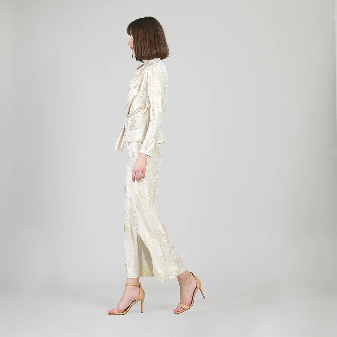 Clara Sunwoo Foil Sheen - Long Sleeve Loop Front Top - Champagne - Juli's Wearable Art
