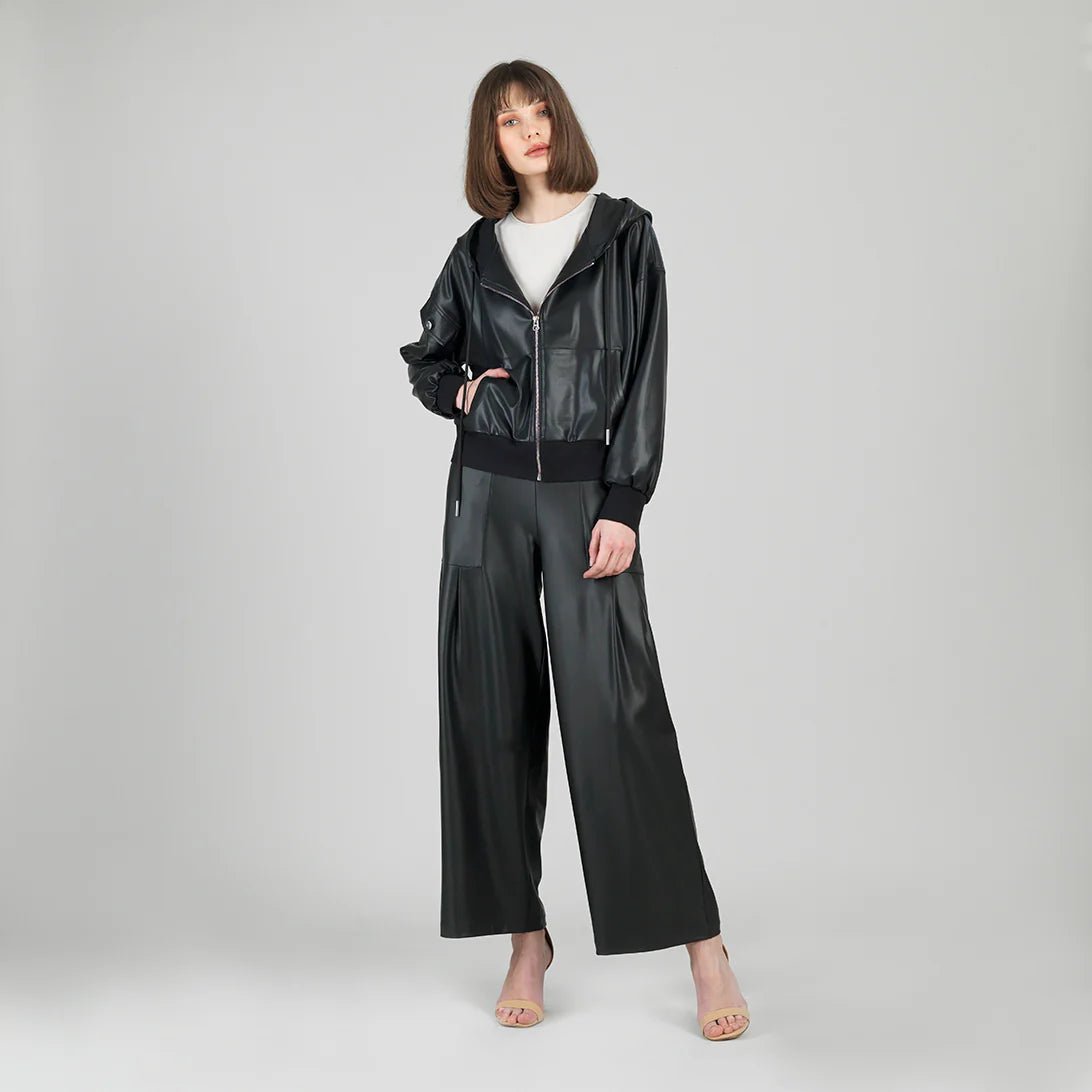 Clara Sunwoo Liquid Leather™ Hooded Drawstring Track Jacket - Black - Juli's Wearable Art
