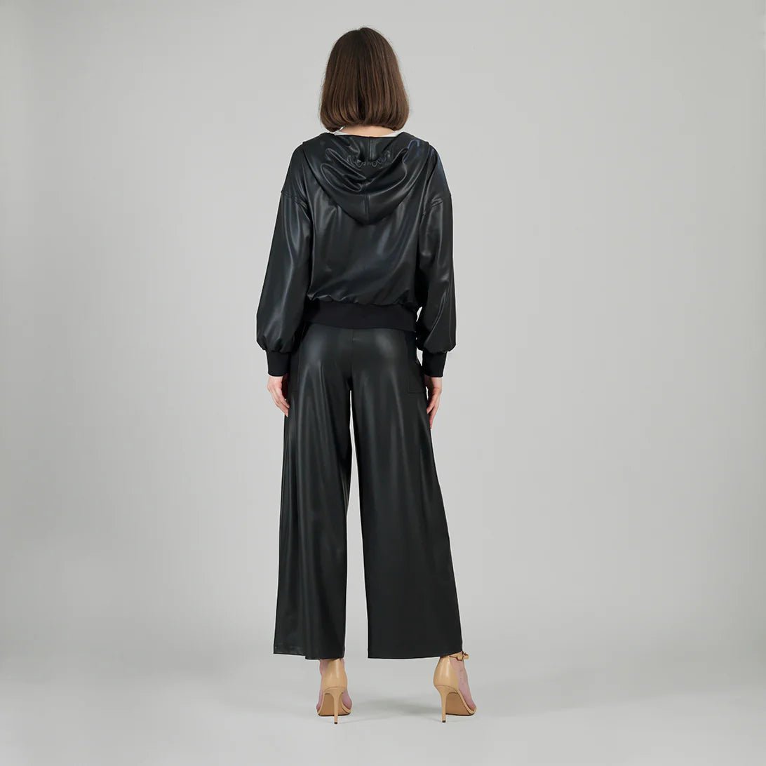 Clara Sunwoo Liquid Leather™ Hooded Drawstring Track Jacket - Black - Juli's Wearable Art