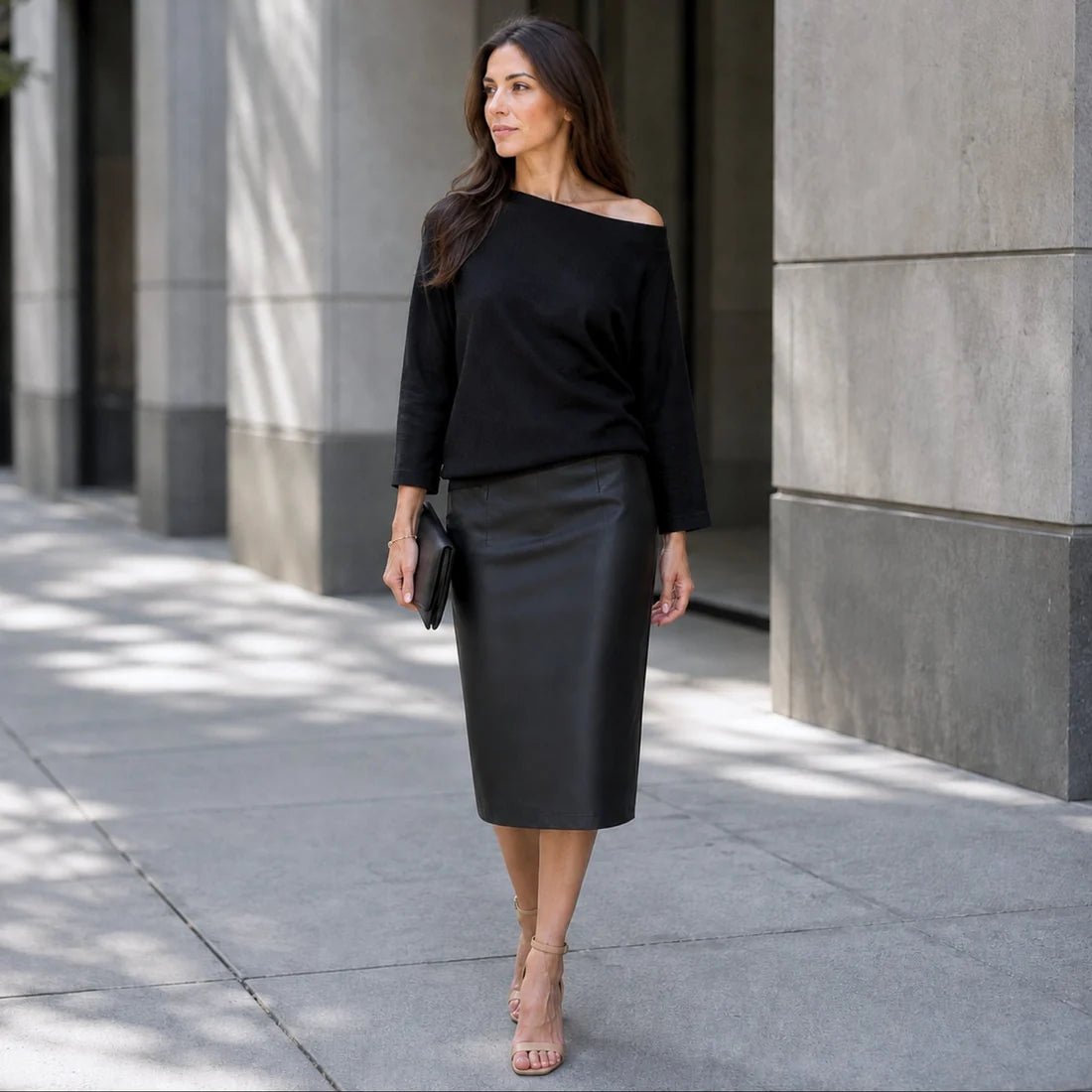 Clara Sunwoo Liquid Leather™ Side Pocket Midi Skirt | Black - Juli's Wearable Art