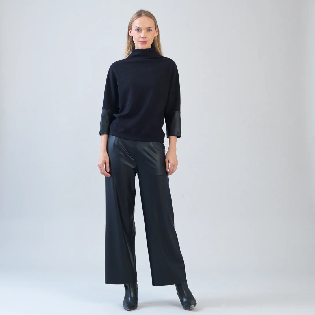 Clara Sunwoo Plush Ribbed - Liquid Leather Cuff Sweater Top - Black - Juli's Wearable Art