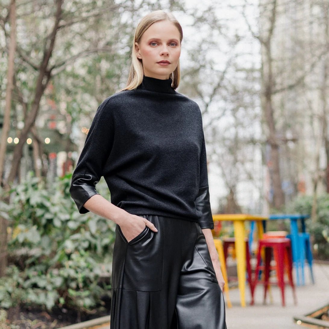 Clara Sunwoo Plush Ribbed - Liquid Leather Cuff Sweater Top - Black - Juli's Wearable Art