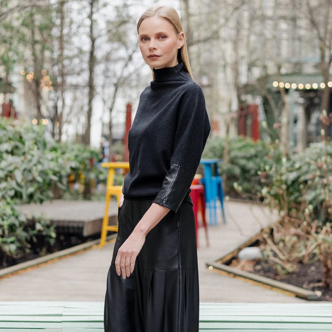 Clara Sunwoo Plush Ribbed - Liquid Leather Cuff Sweater Top - Black - Juli's Wearable Art