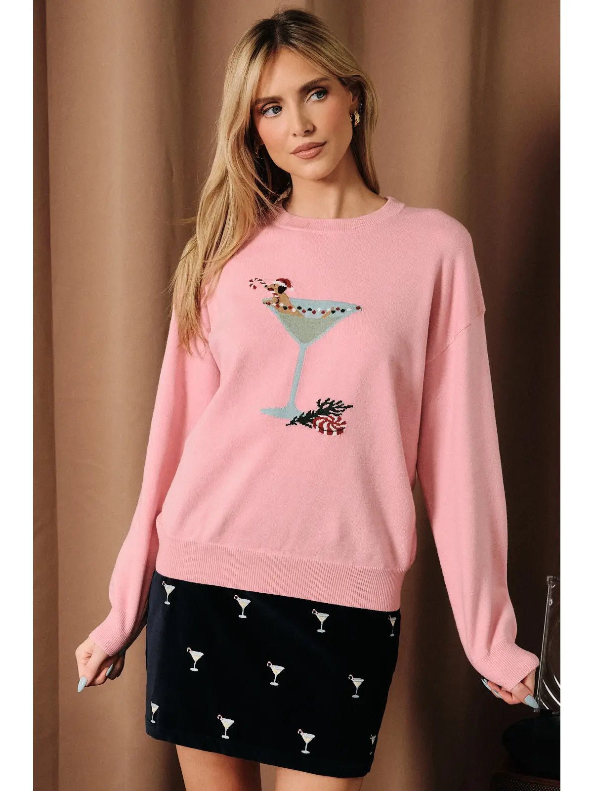 Cocktail Dog Holiday Graphic Crew Neck Knit Sweater