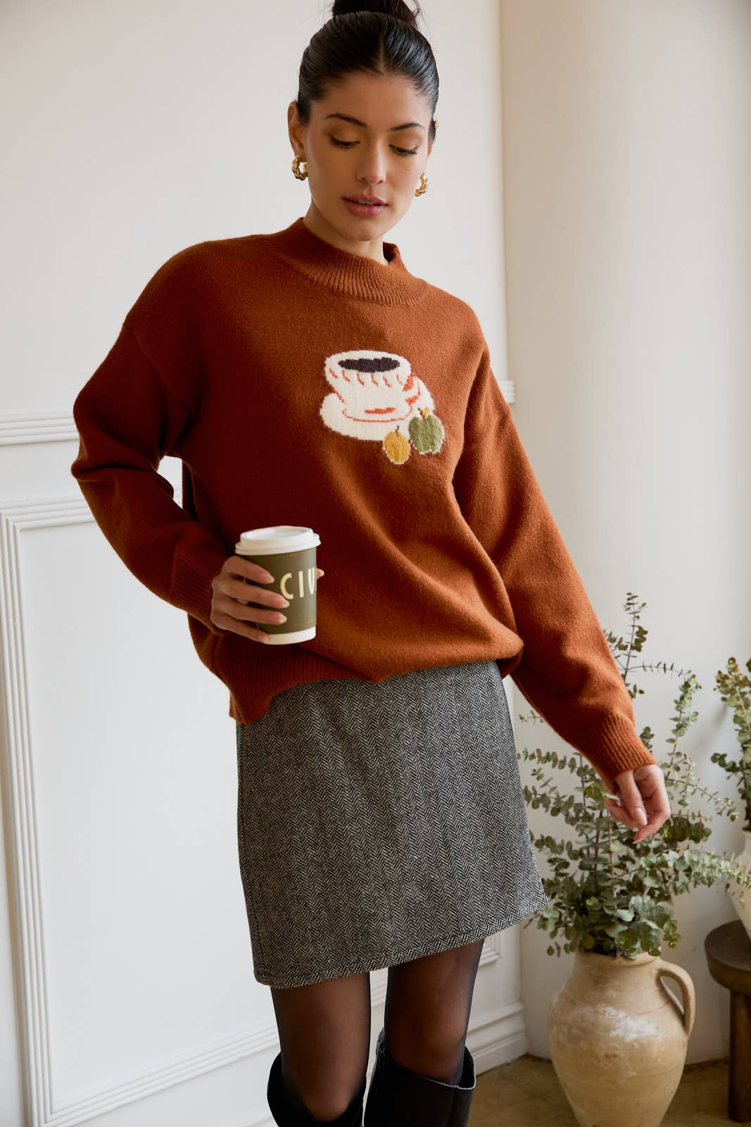“Coffee” Mock Neck Long - Sleeve Sweater - Juli's Wearable Art