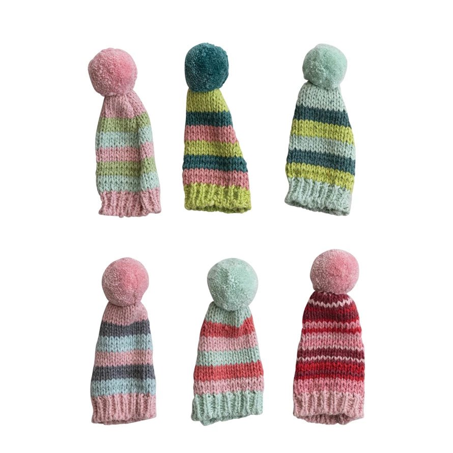 Cotton Knit Hat Bottle Toppers with Stripes & Pom Pom - Juli's Wearable Art