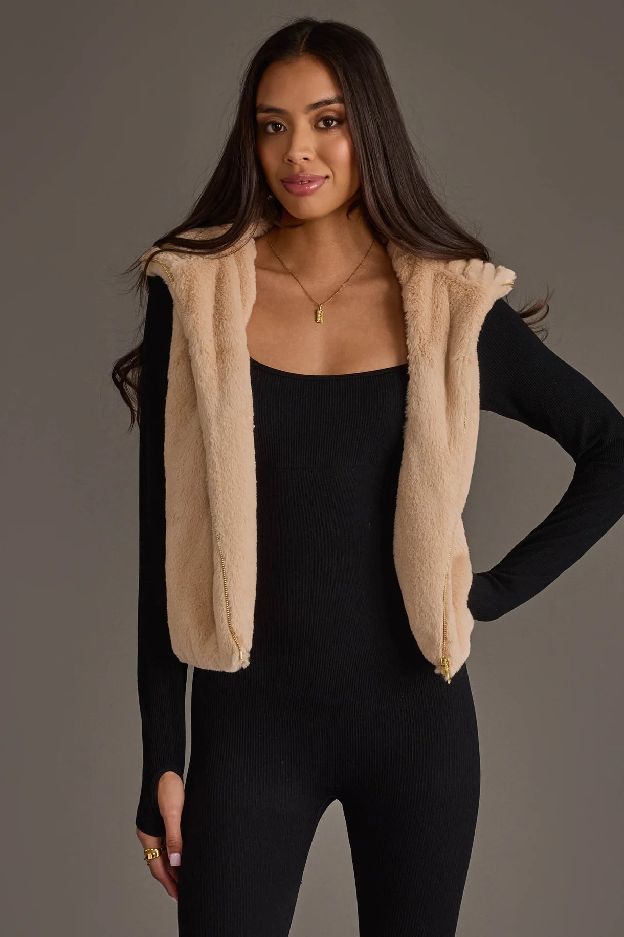 Cozy Faux Fur Hooded Zip-Up Vest | Beige