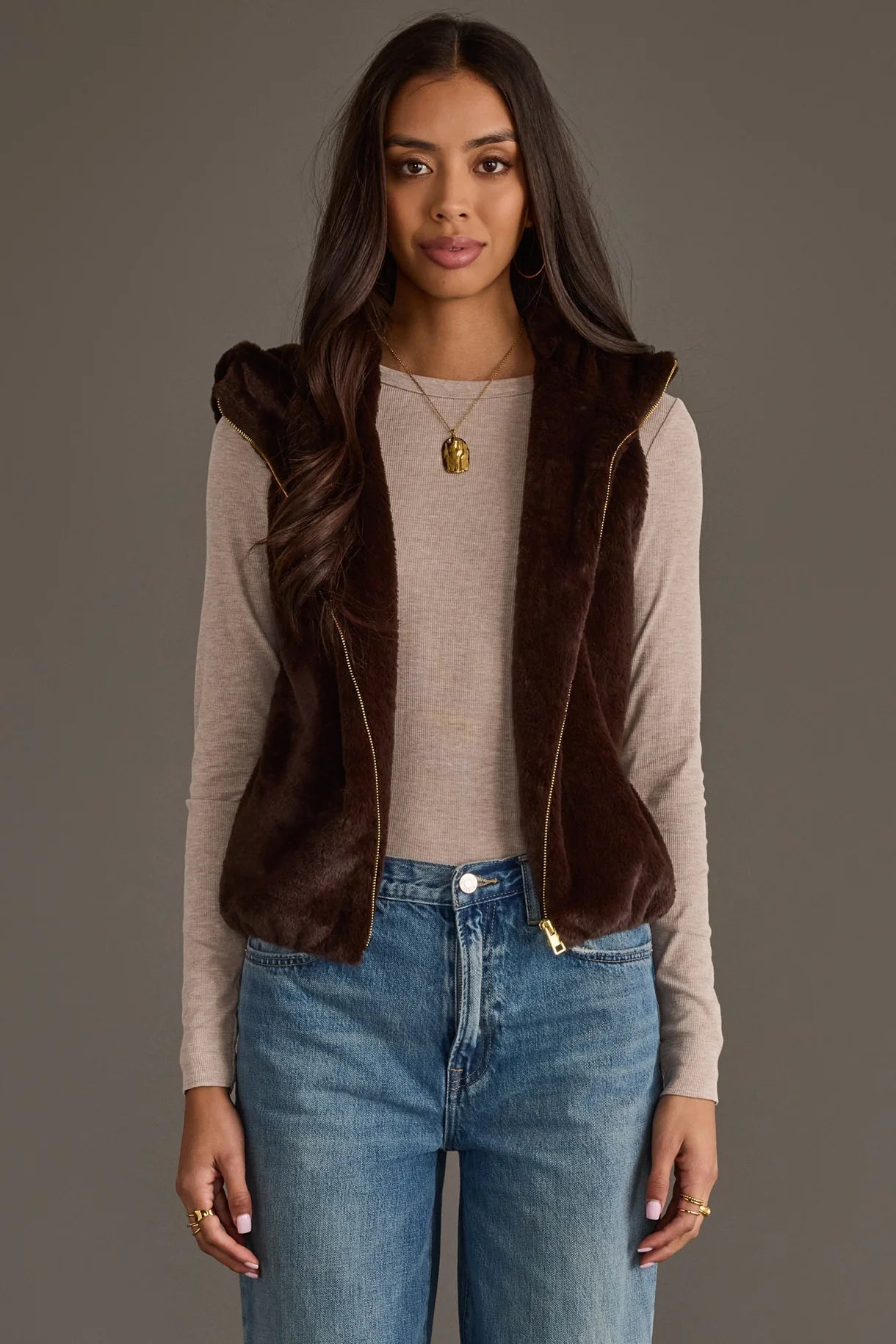 Cozy Faux Fur Hooded Zip-Up Vest | Dark Brown