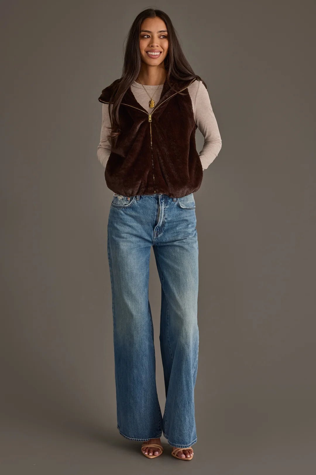 Cozy Faux Fur Hooded Zip-Up Vest | Dark Brown - Juli's Wearable Art