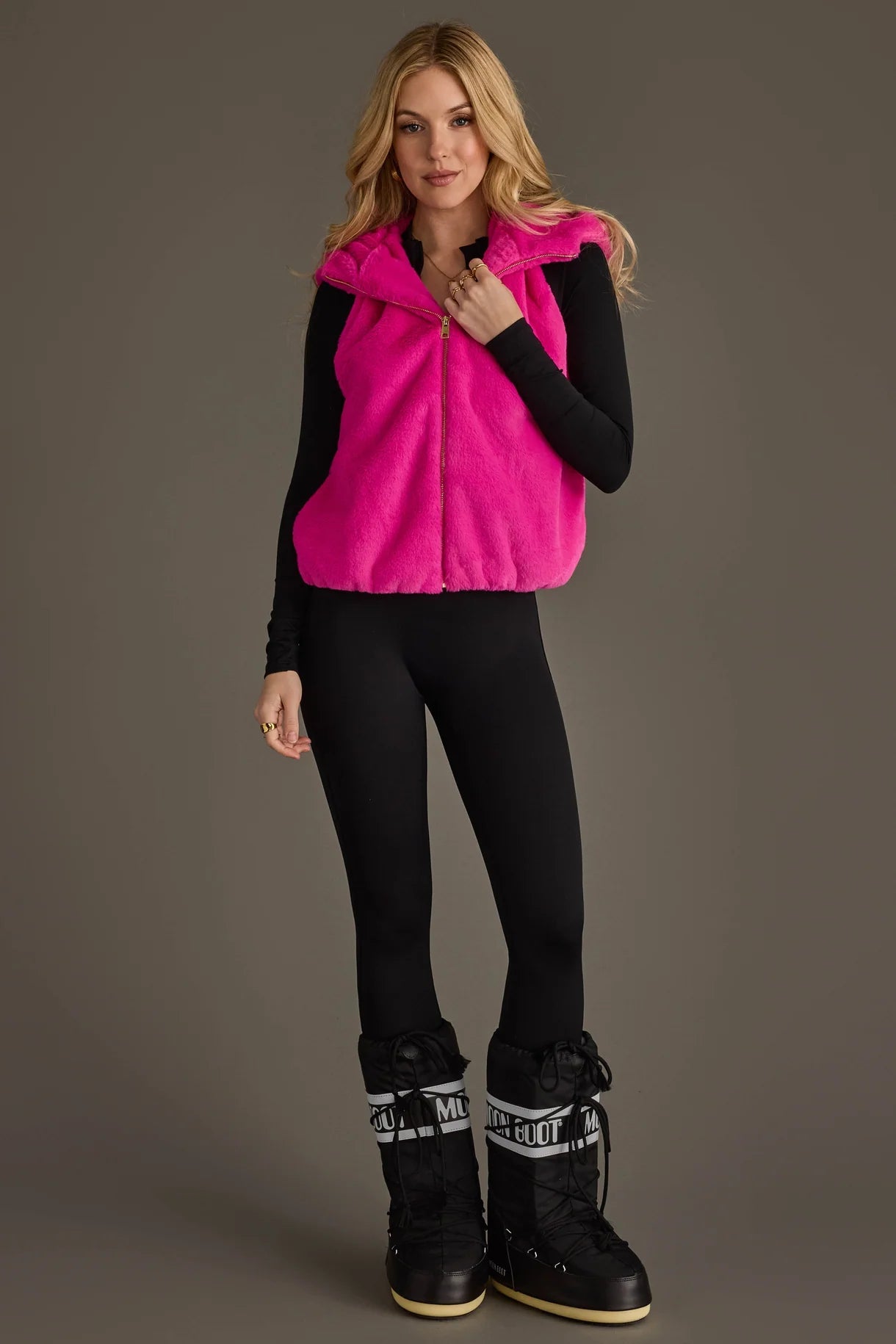 Cozy Faux Fur Hooded Zip-Up Vest | Fuschia