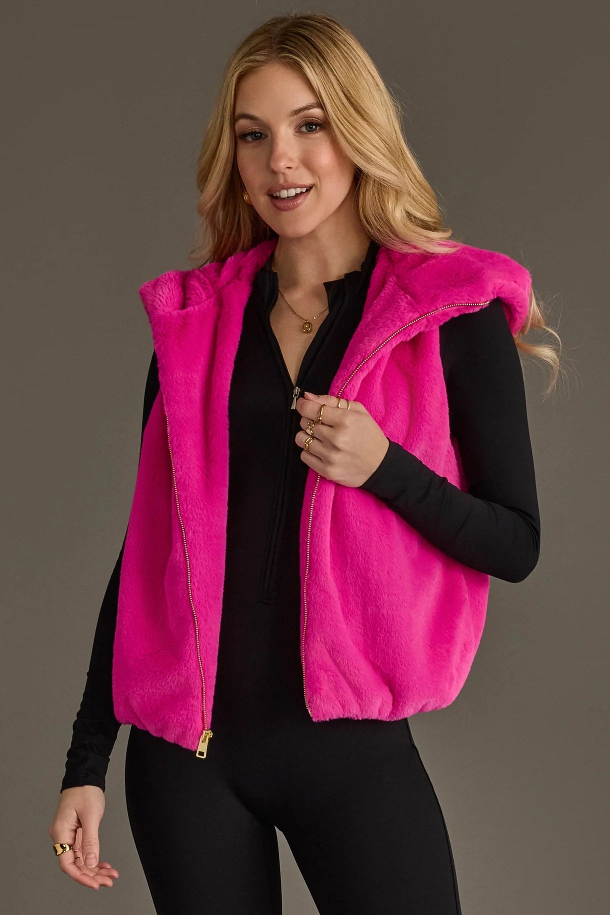 Cozy Faux Fur Hooded Zip-Up Vest | Fuschia