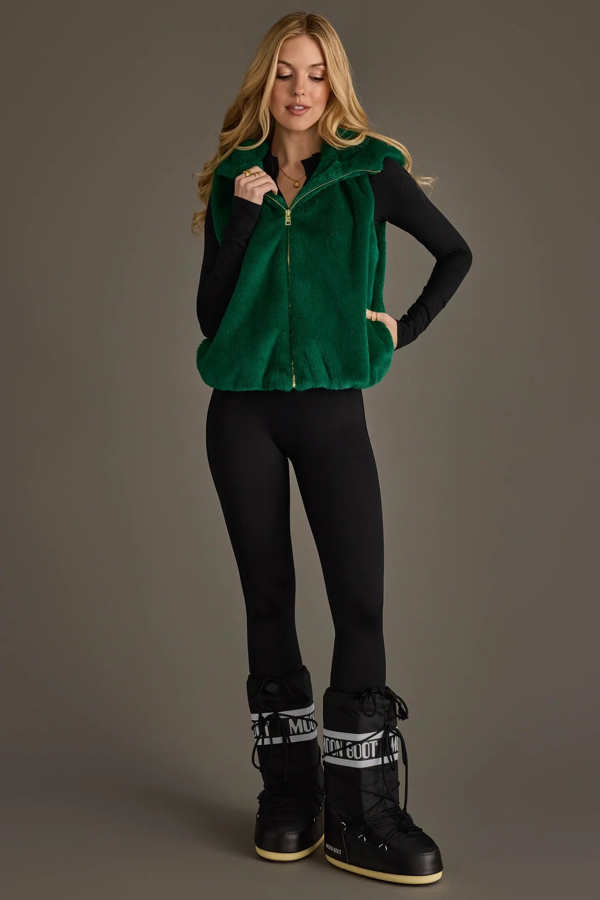 Cozy Faux Fur Hooded Zip-Up Vest | Green
