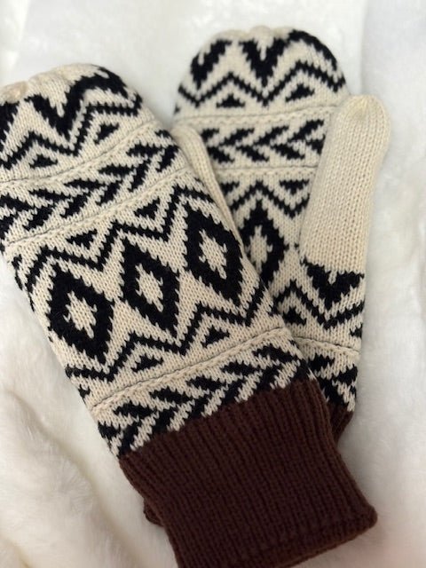 Cream, Black & Brown Patterned Mittens - Juli's Wearable Art