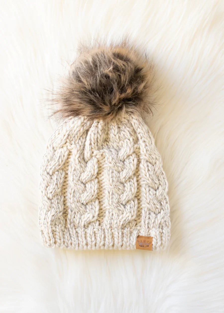 Cream Cable Knit Pom Hat with Faux Fur Pom - Juli's Wearable Art