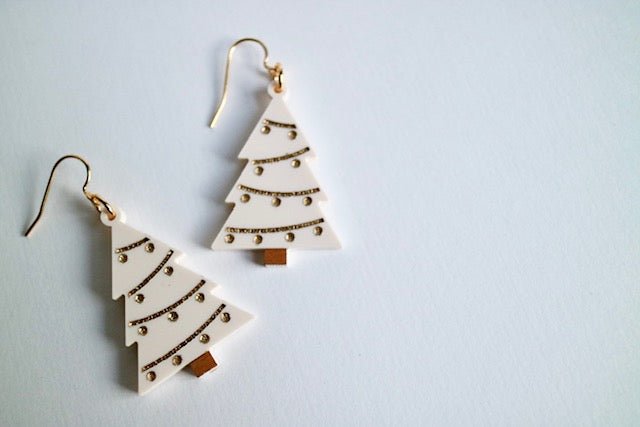 Cream Christmas Tree Earrings with Gold Trimming