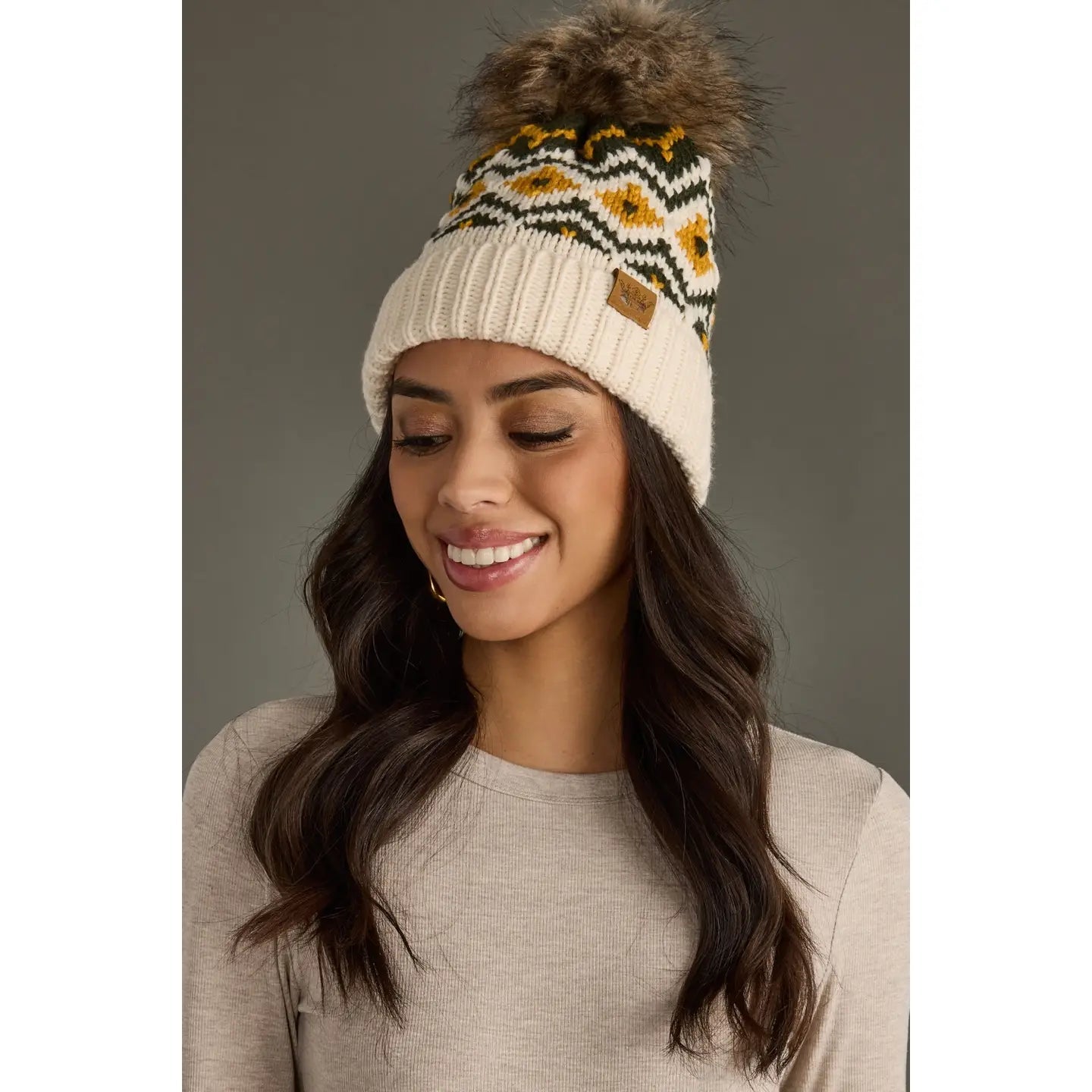 Cream, Olive & Mustard Patterned Pom Hat - Juli's Wearable Art