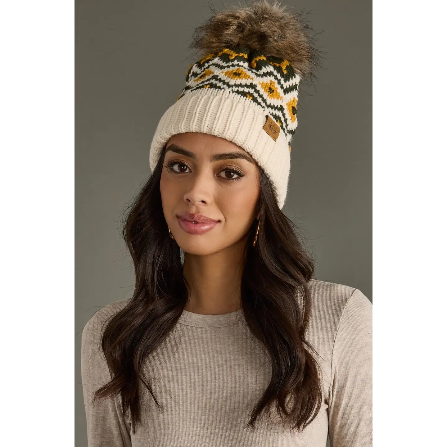 Cream, Olive & Mustard Patterned Pom Hat - Juli's Wearable Art