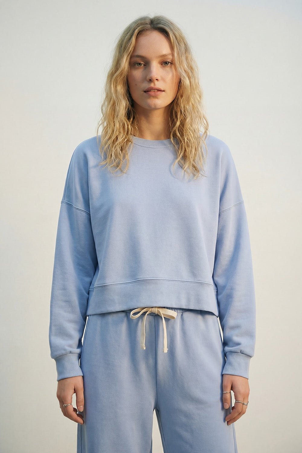 Crew Neck Dropped Shoulder Basic Sweatshirt | Baby Blue - Juli's Wearable Art